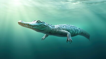 A crocodile swims through clear water, illuminated by sunlight.