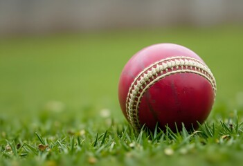 A red cricket ball resting in green grass