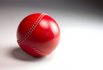 A red cricket ball resting in green grass