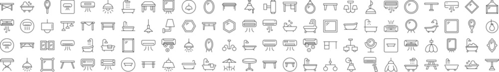 Interior Minimalistic Linear Illustrations of Conditioner, Mirror, Table. Contains Icons of Conditioner, Mirror, Table, Lamp, Chandelier, Bathroom that Can Be Used for Design of Cards, Posts, Apps