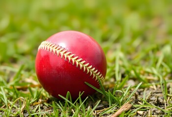 A red cricket ball resting in green grass