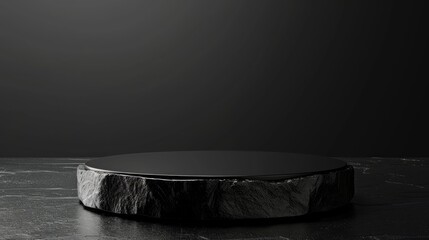Elegant black stand or podium, scene with black stone and black background. Beautiful black background with place for the product. Elegant dark background