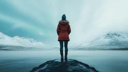 A lone individual wearing an orange jacket stands atop a rock, surrounded by a breathtaking snowy mountain landscape and a serene, frozen body of water under a blue sky. - Powered by Adobe