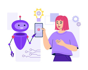 Artificial intelligence robot helps a woman use her phone. Smart robotic virtual assistant, customer service bot, online client support. Innovative technology, testing mobile chip. Vector illustration