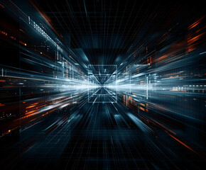 Abstract digital tunnel. Futuristic background with glowing lines and grids in perspective. Sci-fi concept of virtual environment suitable for technology, innovation or computer science themes.