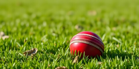 A red cricket ball resting in green grass