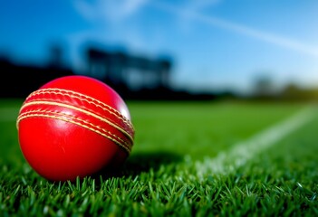 A red cricket ball resting in green grass