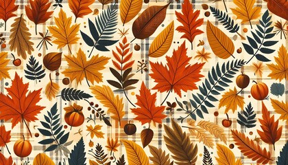 Autumn foliage seamless pattern vector illustration, plaid seamless autumn pattern