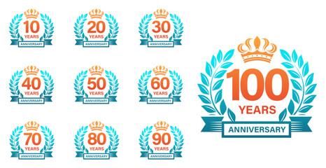 Set of Anniversary Emblems with wreath, 10-100 Years