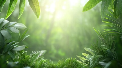 Obraz premium Lush green jungle foliage with sunlight filtering through leaves, creating a natural, vibrant background.