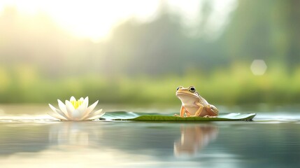 Obraz premium A lone frog sits on a lily pad in a pond with a white water lily in the foreground.