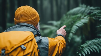 Fototapeta premium An individual in outdoor gear points toward a fern in a dense, green woodland, illustrating curiosity and the urge to explore the abundant natural surroundings.