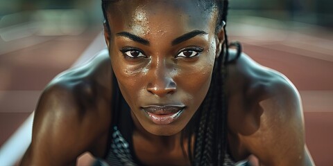 female sprinter in the set position about to start a race, ready to start sprinting, 