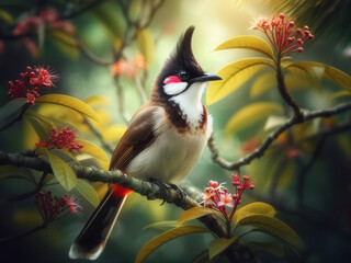 The red-whiskered bulbul (Pycnonotus jocosus), also known as the crested bulbul, perched gracefully on a branch