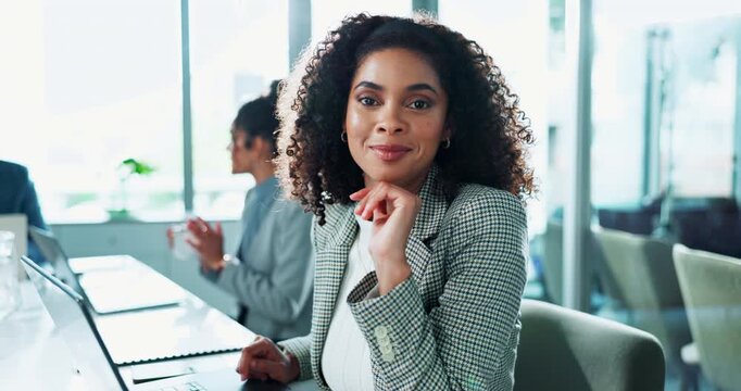 Businesswoman, laptop and typing in office with face for proposal, satisfied or happiness for company pitch. Female accountant, smile and computer for budget strategy, commitment to financial goal