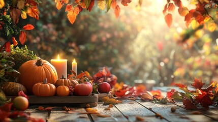 SchÃ¶ner lebendiger Truthahn im Zeichen von Thanksgiving mit herbstlichen gedeckten Tisch im Querformat fÃ¼r Banner, ai generativ