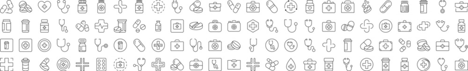 Bundle of Health Care Related Line Icons. Editable Stroke for Design, Web Sites, Apps, Cards. Contains Linear Images of Medical Cross, Pills, Stethoscope, Suitcase