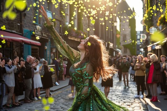 Irish Dancer Performing a Jig Surrounded by Shamrocks on Cobblestones.