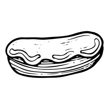 recommend clip art: Eclair with cream hand drawn doodle. Baked cake with filling. Sweet biscuit dessert food. Confectionery sugar pastry. Bakery product. Vector outline line art illustration.