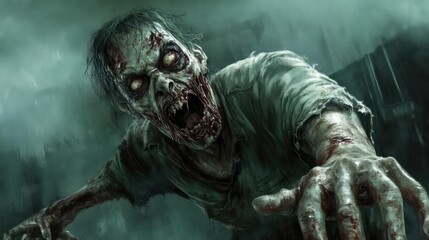 Zombie in a Haunted House with Bloody Details and Eerie Background