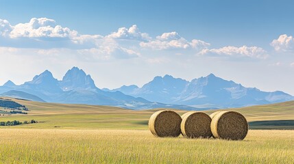 Golden hay bales dot a sunlit field, surrounded by mountains and a vibrant blue sky, showcasing the beauty of summer harvest in rural America