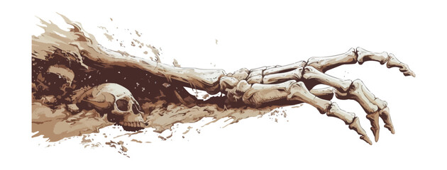 Skeleton hand coming out of the ground on a white background. Vector flat isolated.
