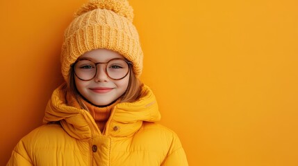 A smiling child wearing glasses and a yellow winter coat and beanie, standing against a matching yellow background, showcasing a warm and happy winter scene.