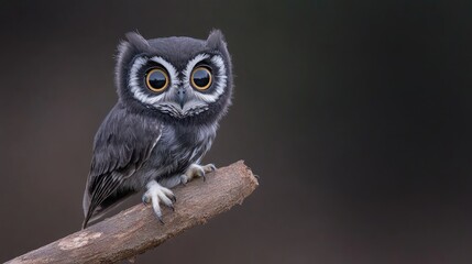 The owl's large, captivating eyes and delicate feathers create a stunning portrait with a dark, unobtrusive background