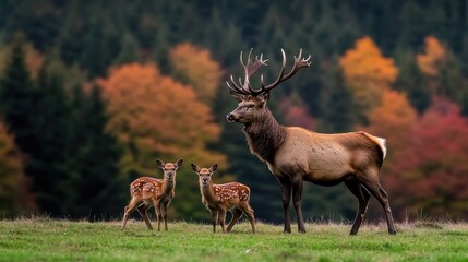 Fototapeta premium A proud male deer stands tall as others graze peacefully on grassy slopes, set against the beautiful backdrop of colorful autumn foliage