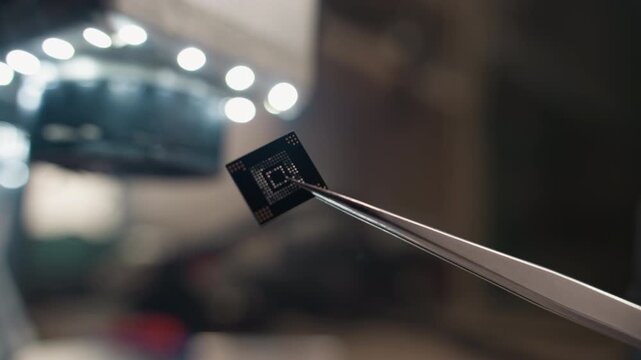 A close-up view of tweezers holding a microchip against a blurred background