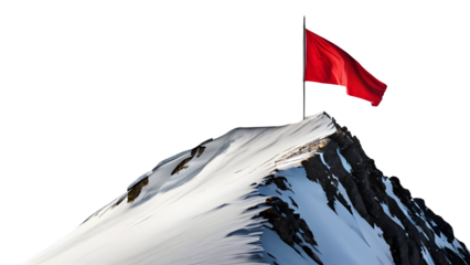 A red flag waving proudly atop a snowy mountain peak, isolated on a transparent or white background.
