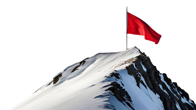 A red flag waving proudly atop a snowy mountain peak, isolated on a transparent or white background.