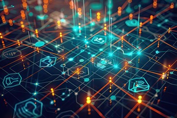 Abstract Digital Network with Glowing Lines and Icons