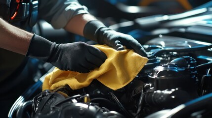 A mechanic in black gloves is wiping the engine of a car with a yellow cloth.