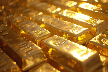 A close up of gold bars with a shiny, reflective surface