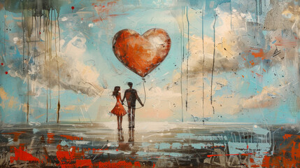 A painting of a couple holding hands and a heart balloon