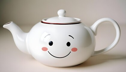 A white ceramic teapot with a smiling face painted on it, sitting on a light-colored surface