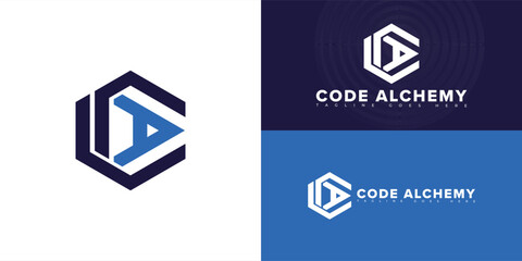 Abstract hexagon initial letter CA or AC in blue isolated on multiple background colors. The logo is suitable for website developer studio logo design inspiration templates.