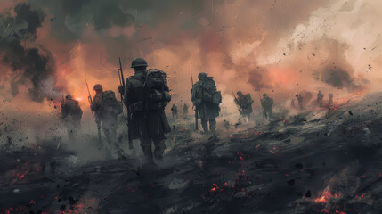 A group of soldiers are walking through a war zone