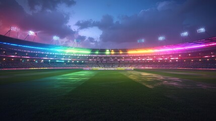 Aerial view of realistic oval sports stadium with floodlights and cricket pitch in urban setting