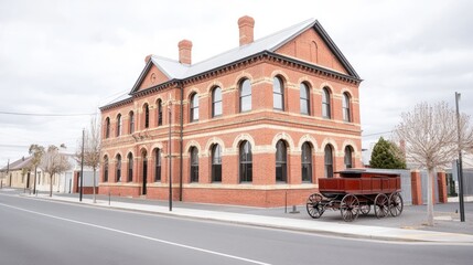 Fototapeta premium An antique black horse-drawn carriage rests beside an old South Australian prison building, featuring striking brown brick walls and a distinctive red tiled roof