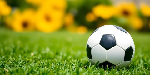Obraz premium A soccer ball on a grassy field with blurred yellow flowers in the background
