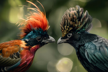 Fototapeta premium Two birds with colorful feathers are standing next to each other
