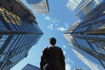 A man stands in front of a building looking up at the sky