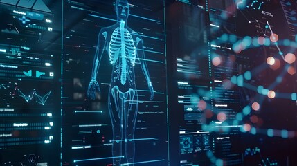 DNA medical screen hologram science hud data analysis body research background futuristic. Screen DNA infographic medical scan health digital 3d technology medicine human tech ui graph interface lab 