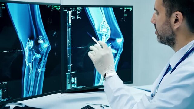 A hospital radiology orthopedic specialist examines detailed MRI and bone CT knee scans, aiming for accurate medical insights.