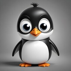 Obraz premium A cute cartoon penguin with large eyes and an orange beak, standing on a gray background