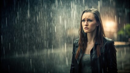 Fototapeta premium Woman Standing in the Rain with a Pensive Expression
