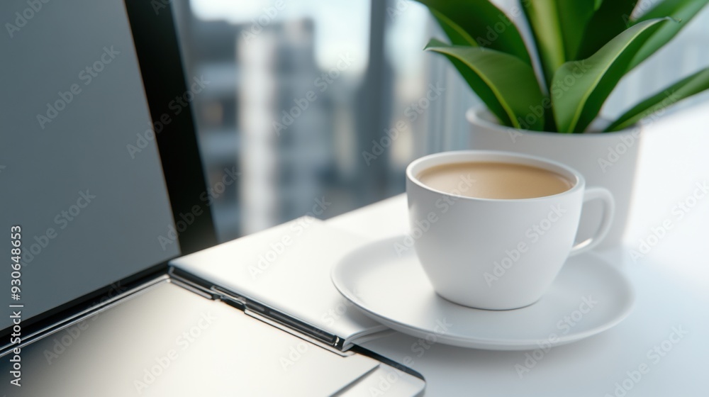 Poster A cup of coffee on a table next to an open laptop, AI