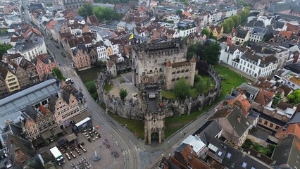 drone photo Castle of the Counts of Flanders Ghent belgium europe
